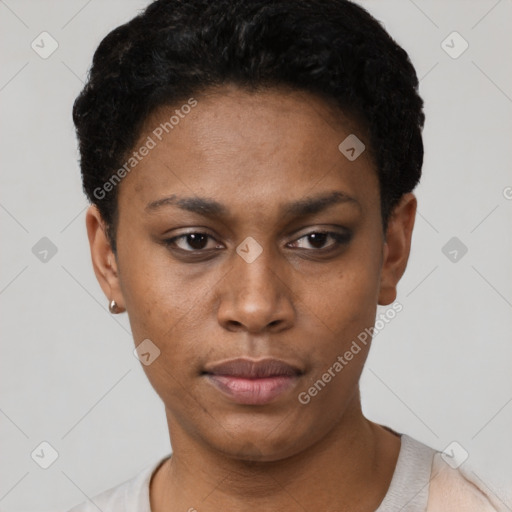 Neutral black young-adult female with short  black hair and brown eyes