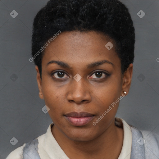 Neutral black young-adult female with short  black hair and brown eyes