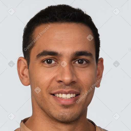 Joyful latino young-adult male with short  brown hair and brown eyes