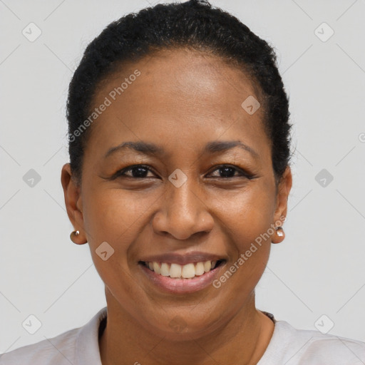 Joyful black adult female with short  brown hair and brown eyes