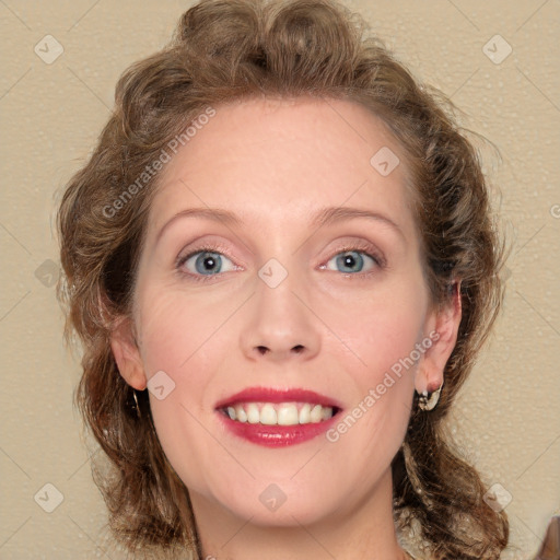 Joyful white young-adult female with medium  brown hair and blue eyes