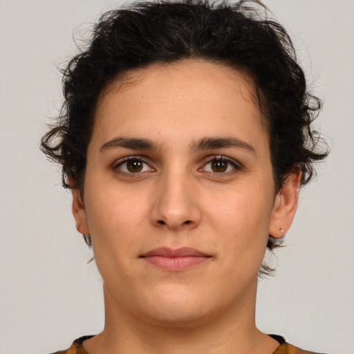 Neutral white young-adult female with short  brown hair and brown eyes
