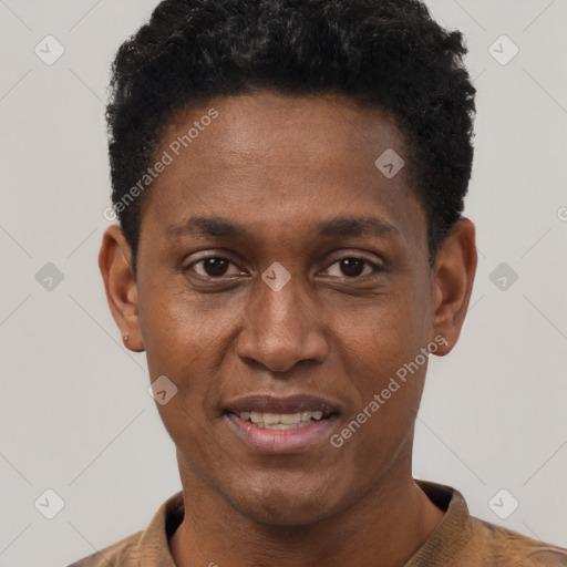 Joyful black young-adult male with short  black hair and brown eyes