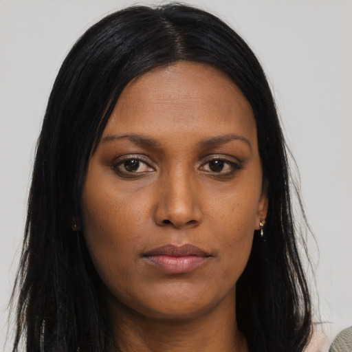 Neutral asian young-adult female with long  black hair and brown eyes