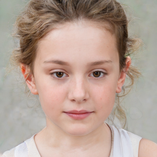 Neutral white child female with medium  brown hair and blue eyes