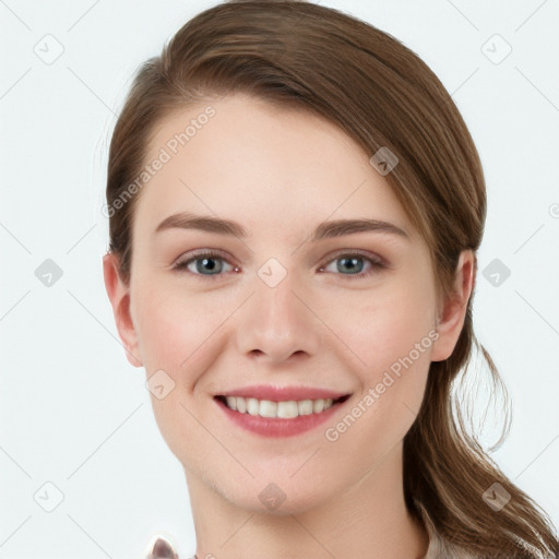 Joyful white young-adult female with long  brown hair and grey eyes