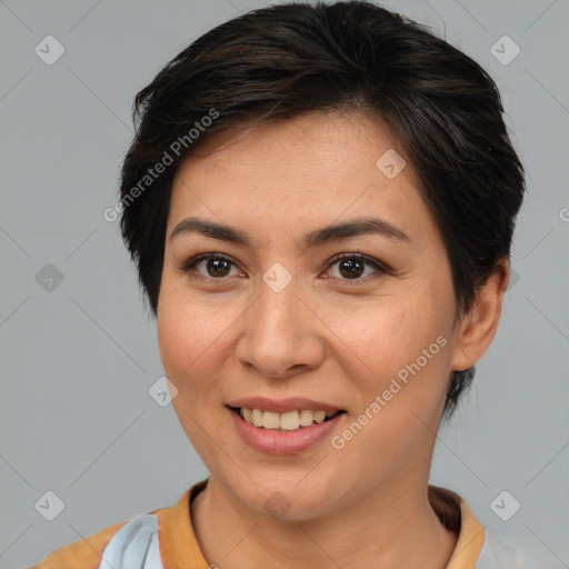 Joyful white young-adult female with medium  brown hair and brown eyes