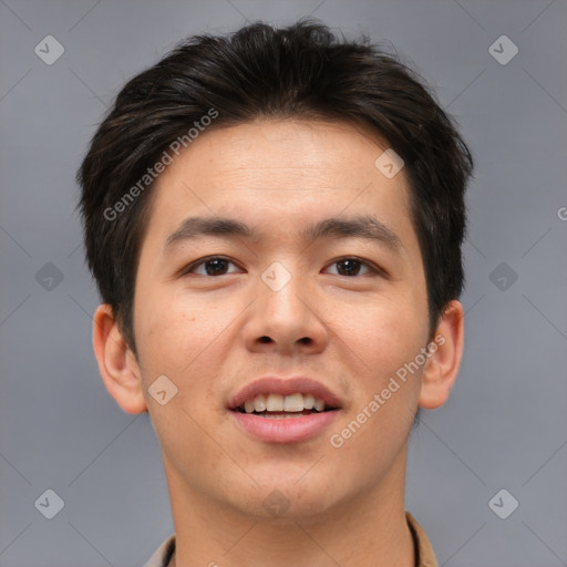 Joyful asian young-adult male with short  brown hair and brown eyes