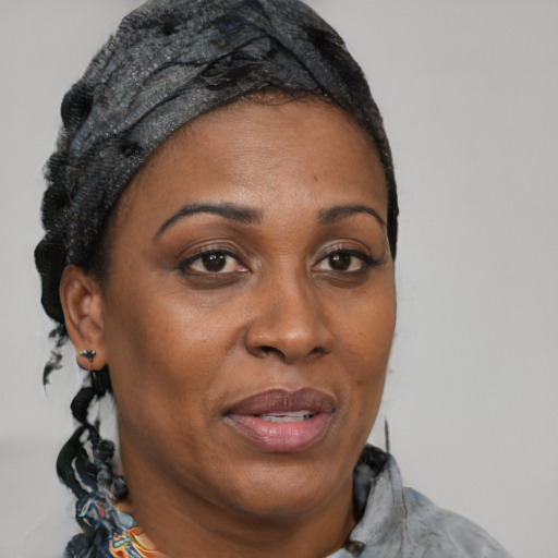 Joyful black adult female with short  black hair and brown eyes