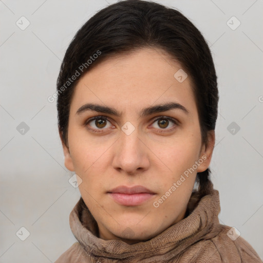 Neutral white young-adult female with short  brown hair and brown eyes