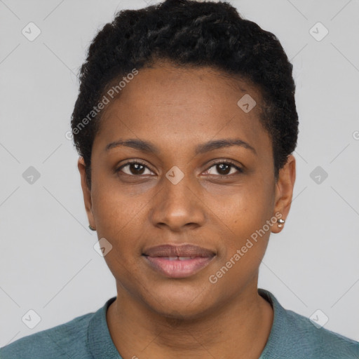 Joyful black young-adult female with short  black hair and brown eyes