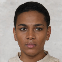 Neutral black young-adult male with short  black hair and brown eyes