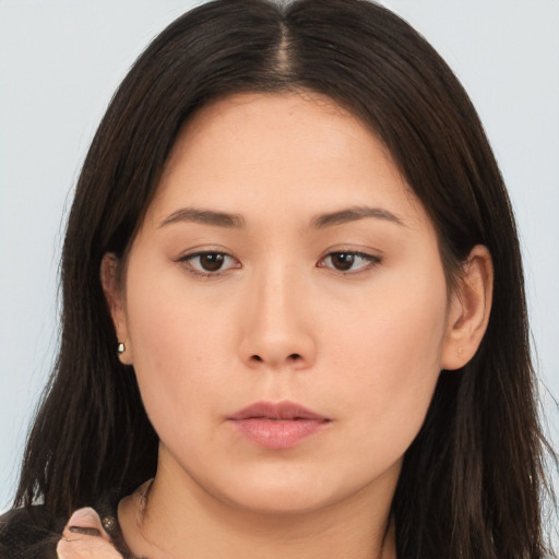 Neutral asian young-adult female with long  brown hair and brown eyes