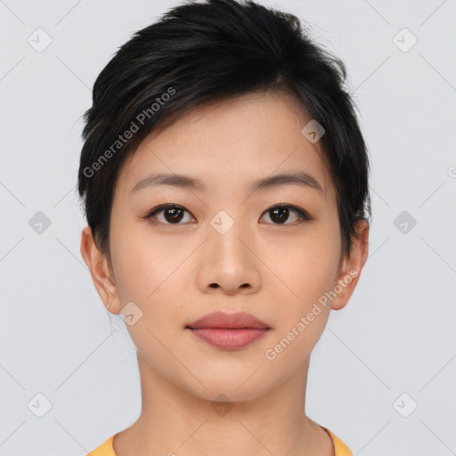 Neutral asian young-adult female with short  brown hair and brown eyes