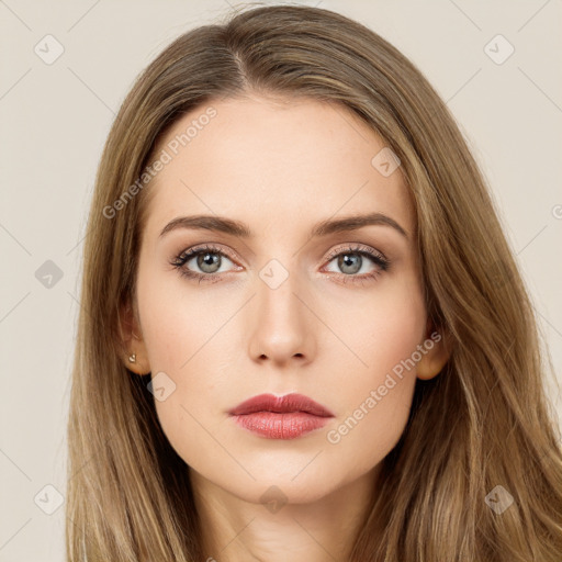 Neutral white young-adult female with long  brown hair and brown eyes