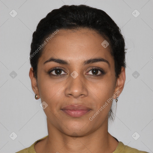 Joyful latino young-adult female with short  black hair and brown eyes