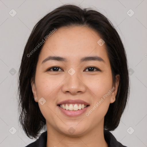 Joyful white young-adult female with medium  brown hair and brown eyes