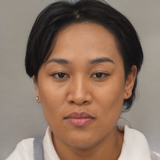Joyful asian adult female with medium  brown hair and brown eyes