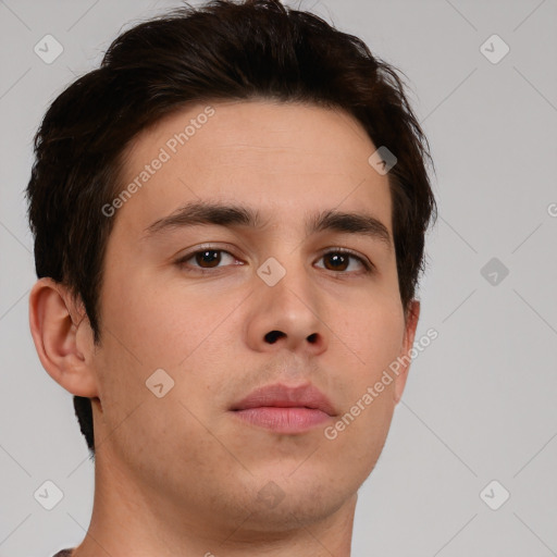 Neutral white young-adult male with short  brown hair and brown eyes