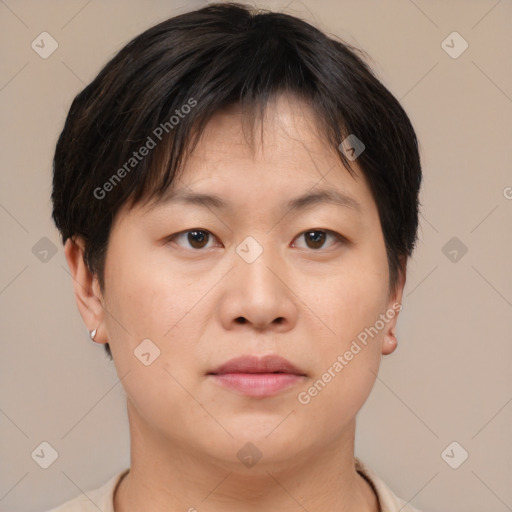 Neutral asian young-adult female with short  brown hair and brown eyes