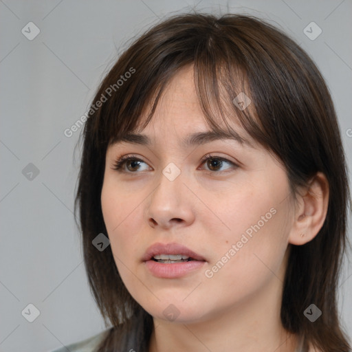 Neutral white young-adult female with medium  brown hair and brown eyes