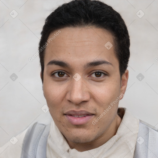 Joyful latino young-adult female with short  brown hair and brown eyes