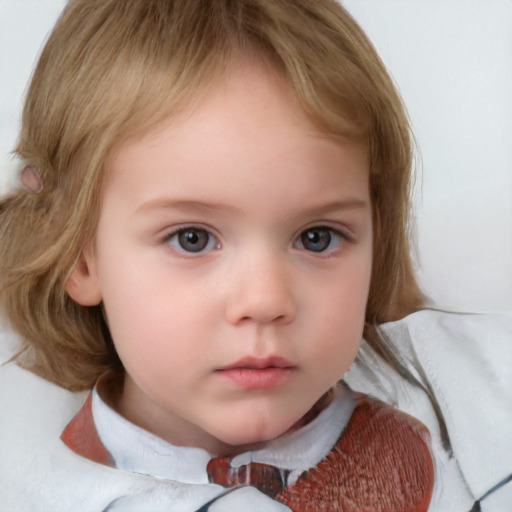 Neutral white child female with medium  brown hair and blue eyes