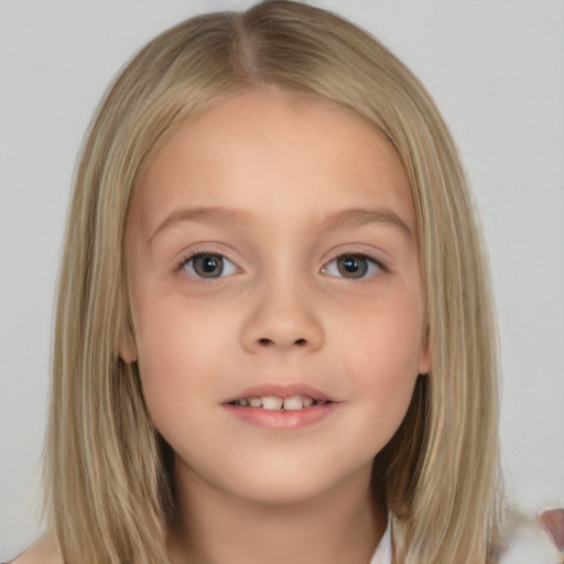 Neutral white child female with medium  brown hair and grey eyes