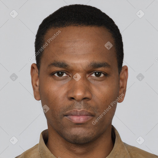 Neutral black young-adult male with short  black hair and brown eyes