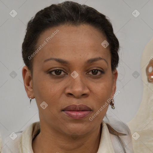 Joyful black adult female with short  brown hair and brown eyes