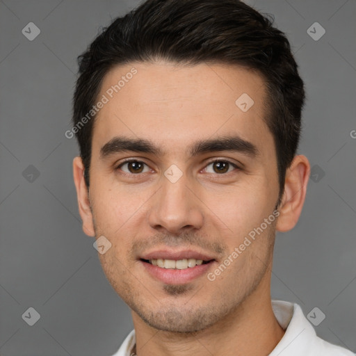 Joyful white young-adult male with short  brown hair and brown eyes