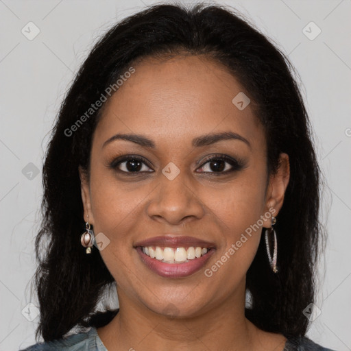 Joyful black young-adult female with medium  brown hair and brown eyes