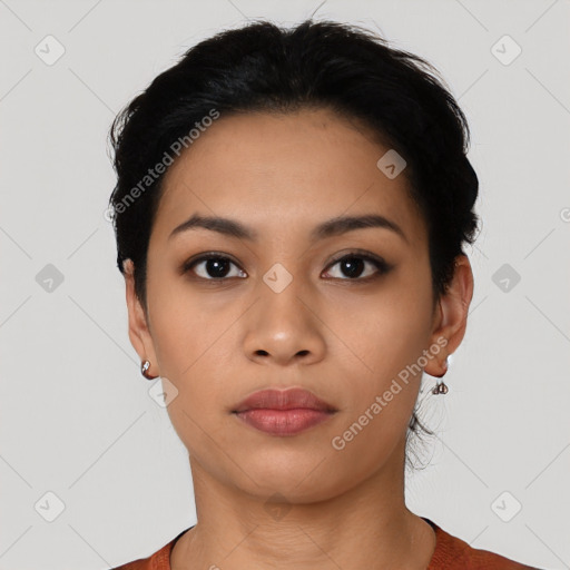 Neutral latino young-adult female with short  black hair and brown eyes