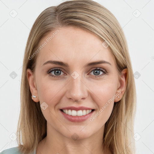 Joyful white young-adult female with long  brown hair and grey eyes