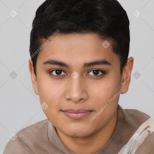 Joyful asian young-adult male with short  brown hair and brown eyes