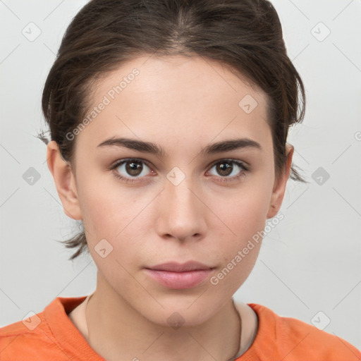 Neutral white young-adult female with medium  brown hair and brown eyes