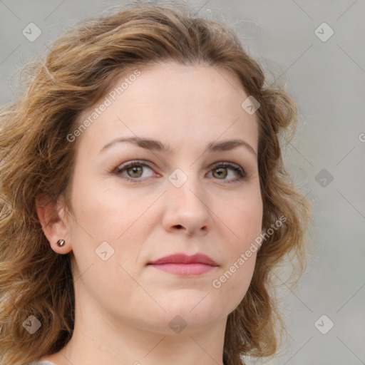 Joyful white young-adult female with medium  brown hair and green eyes