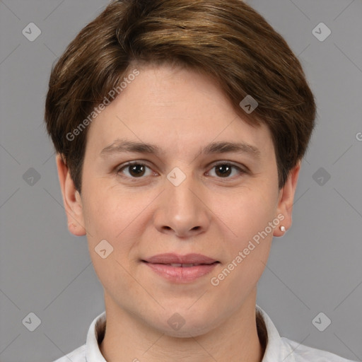 Joyful white young-adult female with short  brown hair and brown eyes