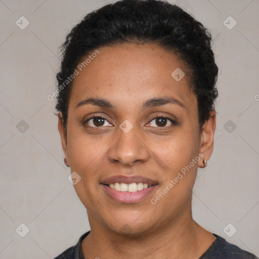 Joyful white young-adult female with short  black hair and brown eyes