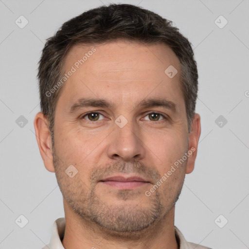 Neutral white adult male with short  brown hair and brown eyes