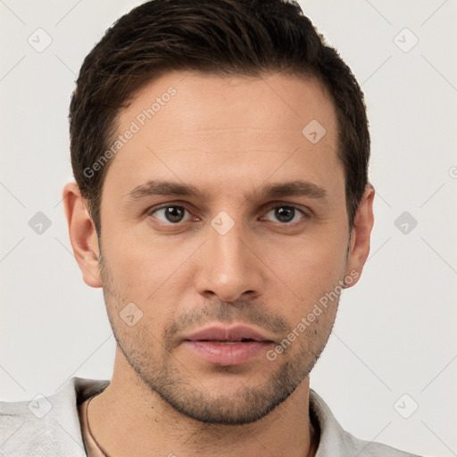 Neutral white young-adult male with short  brown hair and brown eyes