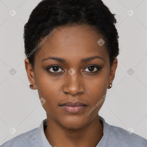 Neutral black young-adult female with short  black hair and brown eyes