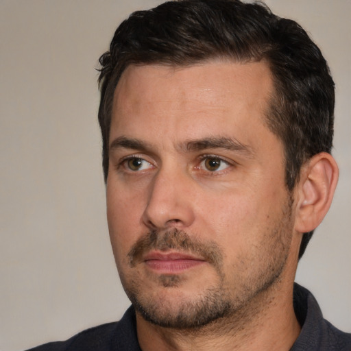 Joyful white adult male with short  brown hair and brown eyes