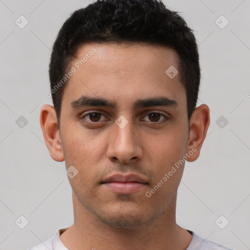 Neutral white young-adult male with short  brown hair and brown eyes