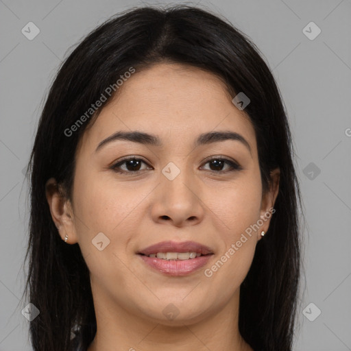 Joyful asian young-adult female with long  brown hair and brown eyes