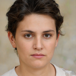 Neutral white young-adult female with short  brown hair and brown eyes