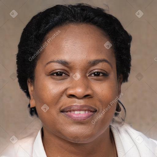 Joyful black adult female with short  brown hair and brown eyes