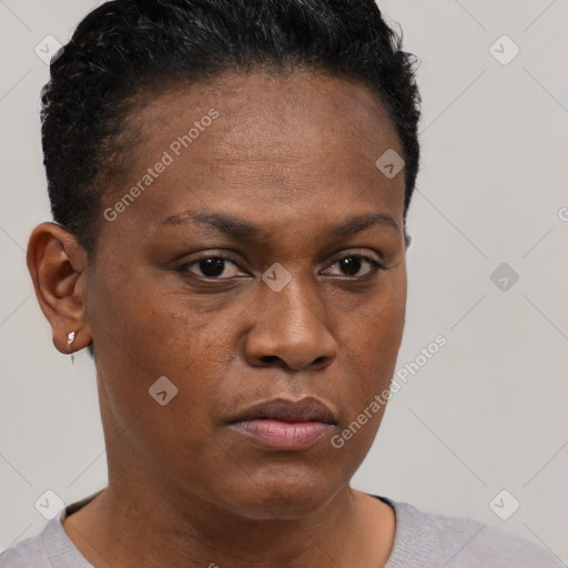 Neutral black young-adult female with short  brown hair and brown eyes