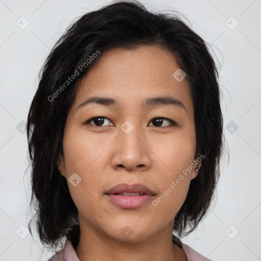 Neutral asian young-adult female with medium  brown hair and brown eyes