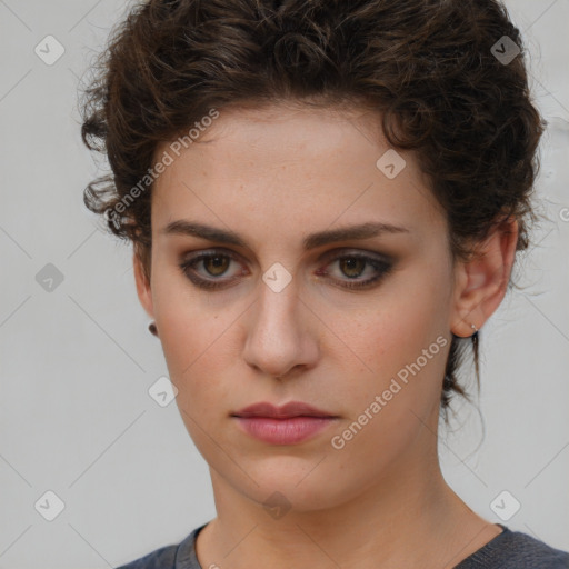 Neutral white young-adult female with short  brown hair and brown eyes